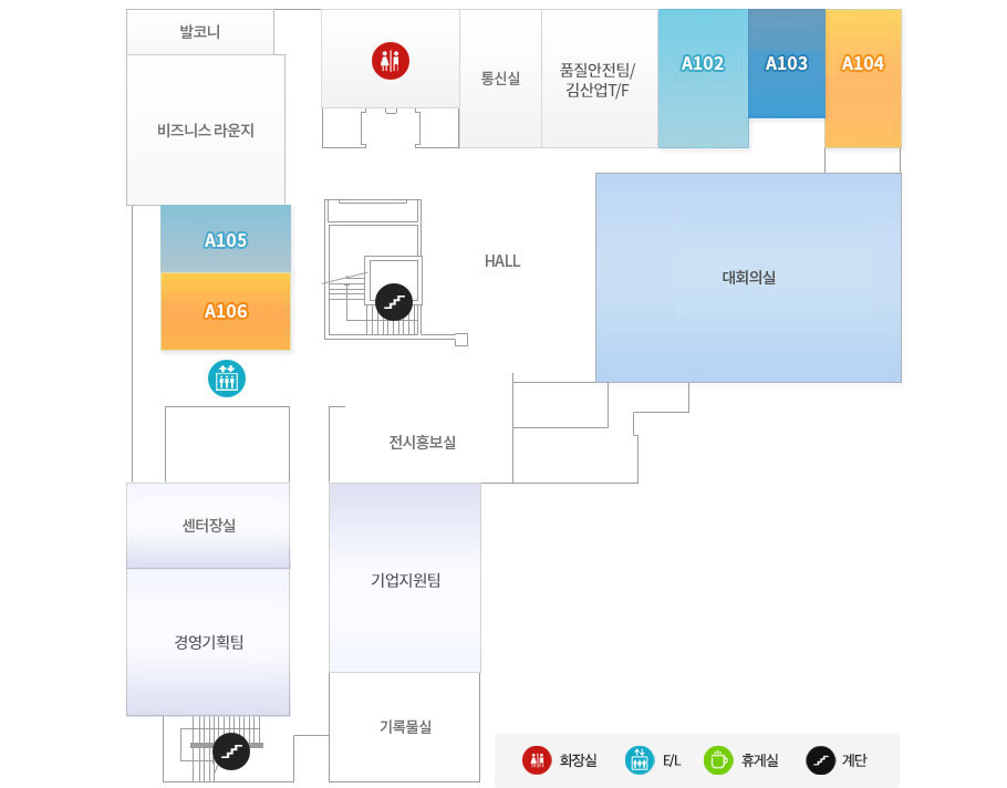 건물배치도 : 왼쪽아래에서 시계방향으로 비상구 계단, 행정지원실, 센터장실, 엘레베이터, 입주기업1, 입주기발코니, 비지니스라운지, 자료정보실, 소회의실, 화장실, 입주기업2, 입주기업3, 입주기업4가 있다. 중앙에는 비상구 계단과 HALL, 대회의실이 있고 그 아래 전시홍보실, 연구기획실, 생산경영관리실이 있다.